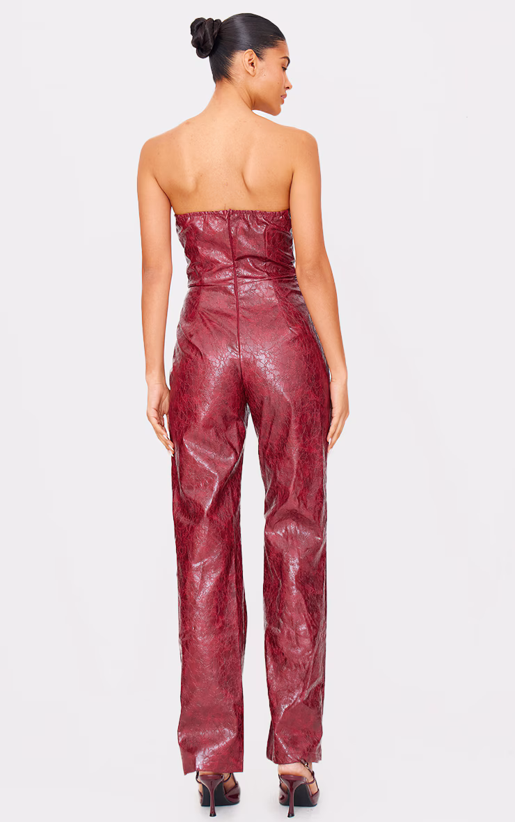 Burgundy Croc Faux Leather Bandeau Plunge Straight Leg Jumpsuit