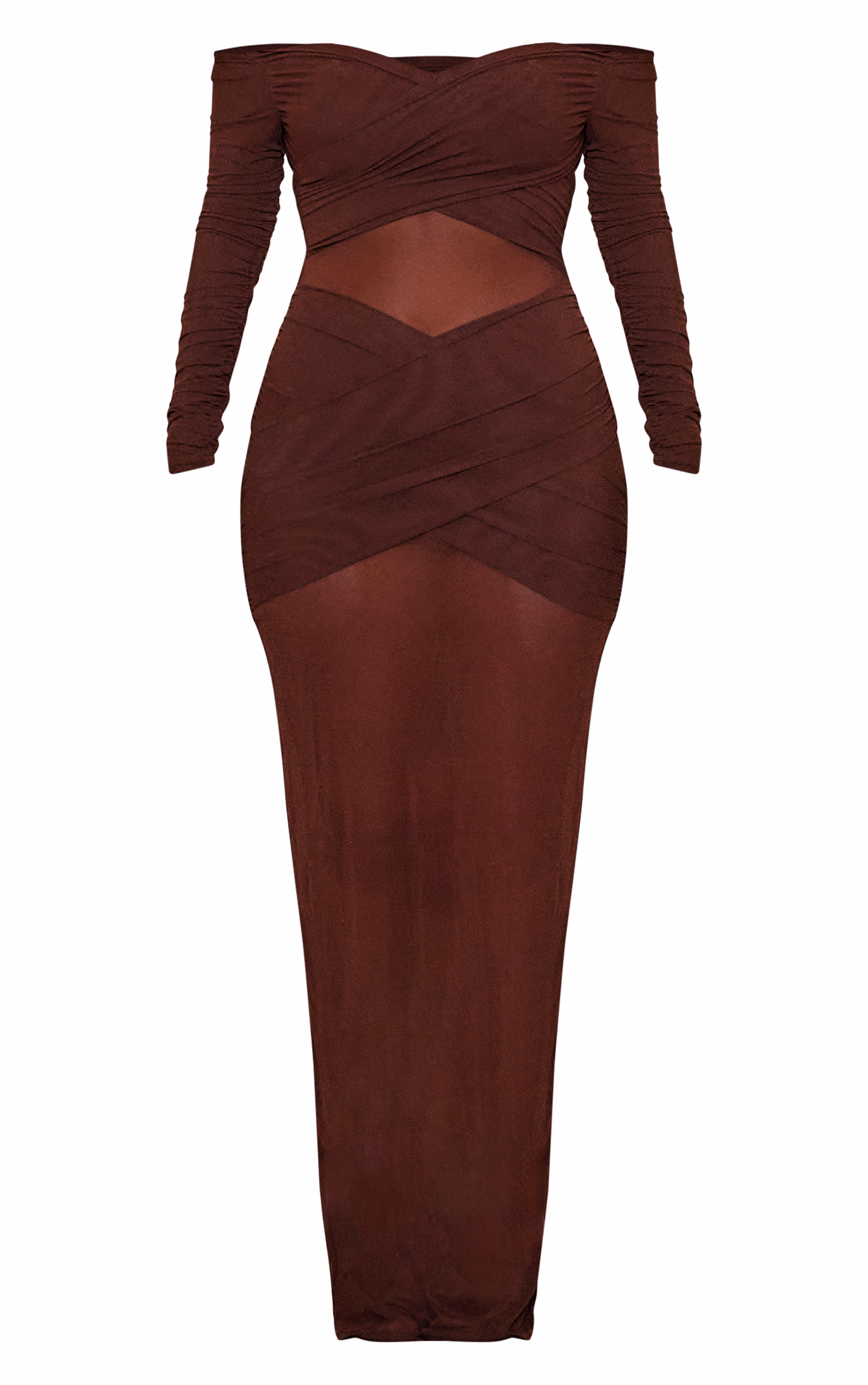 Chocolate Brown Mesh Bardot Layered Ruched Maxi Dress