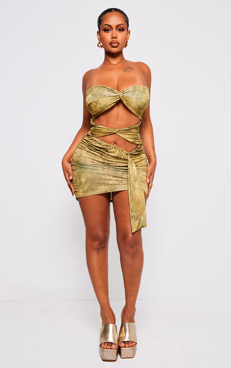 Shape Green Slinky Tie Dye Print Bandeau Twist Front Bodycon Dress