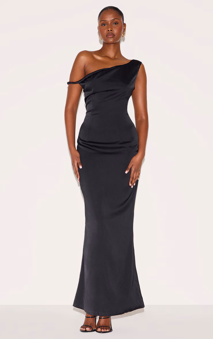 Black Satin Asymmetric Bardot Twist Maxi Dress
