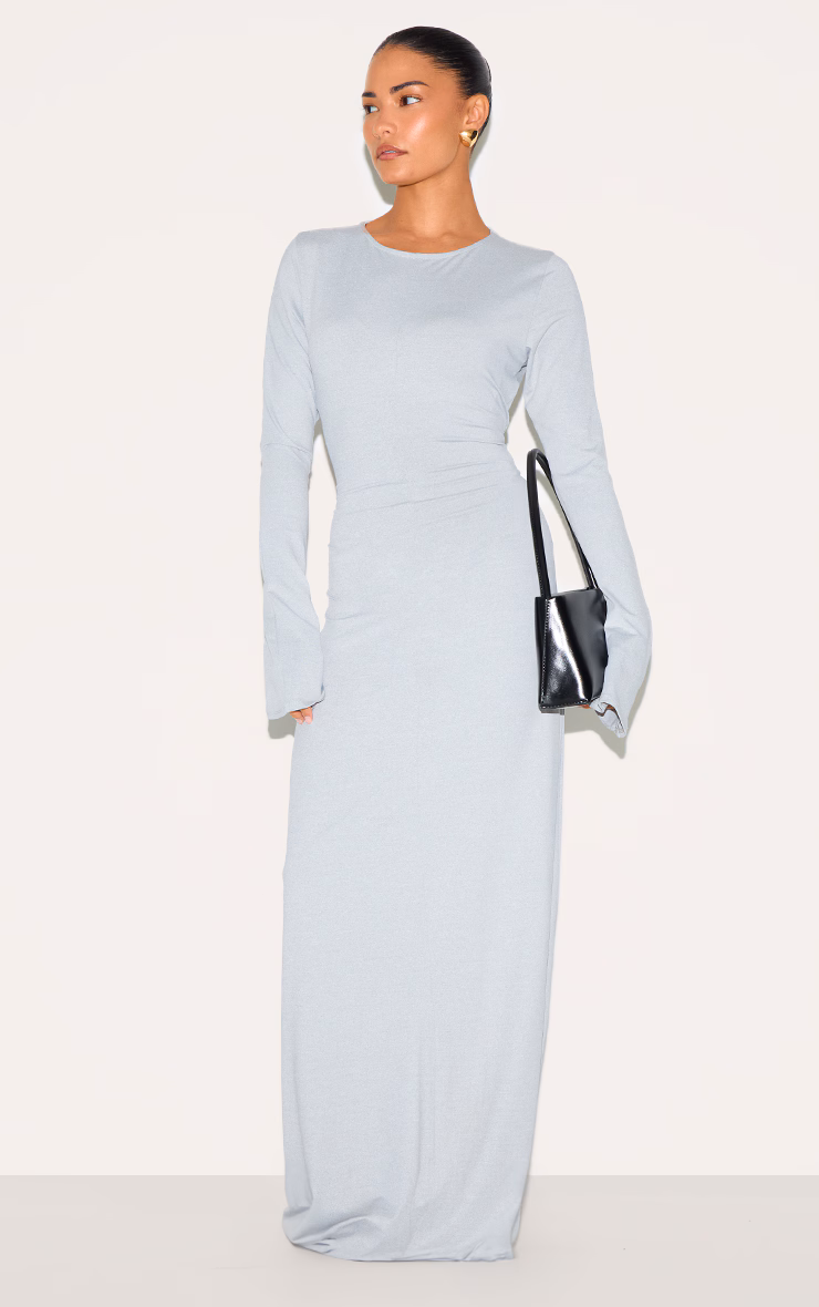 Petite Ash Grey Slinky Seam Detail Flared Sleeve Maxi Dress