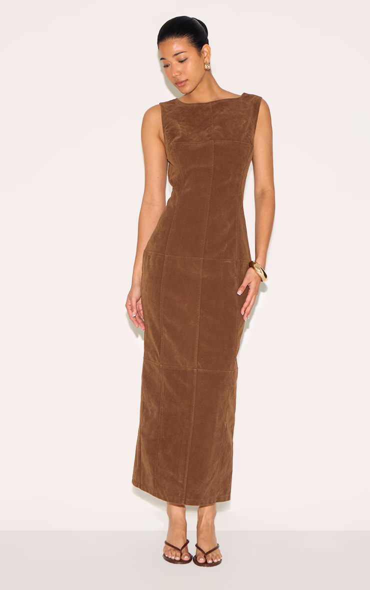 Chestnut Faux Suede Boat Neck Backless Maxi Dress