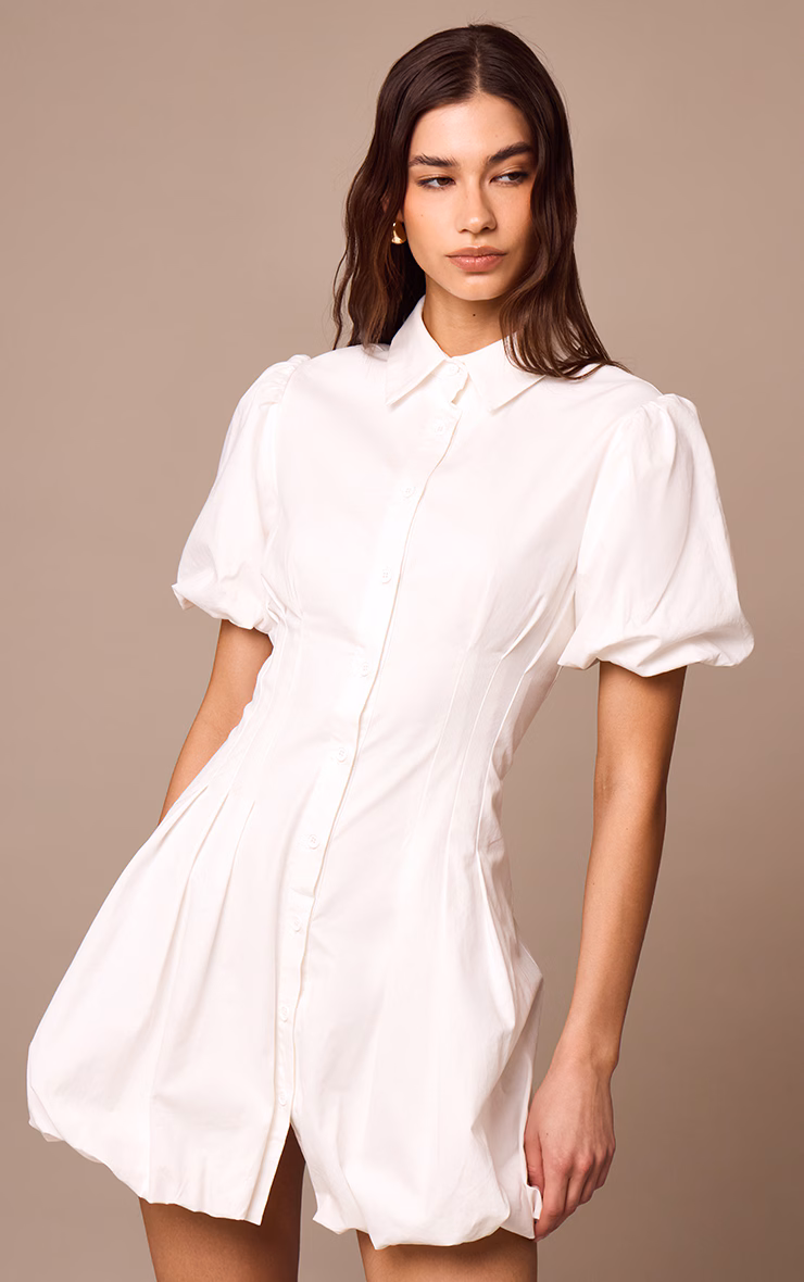 White Button Down Cinched Waist Shift Dress