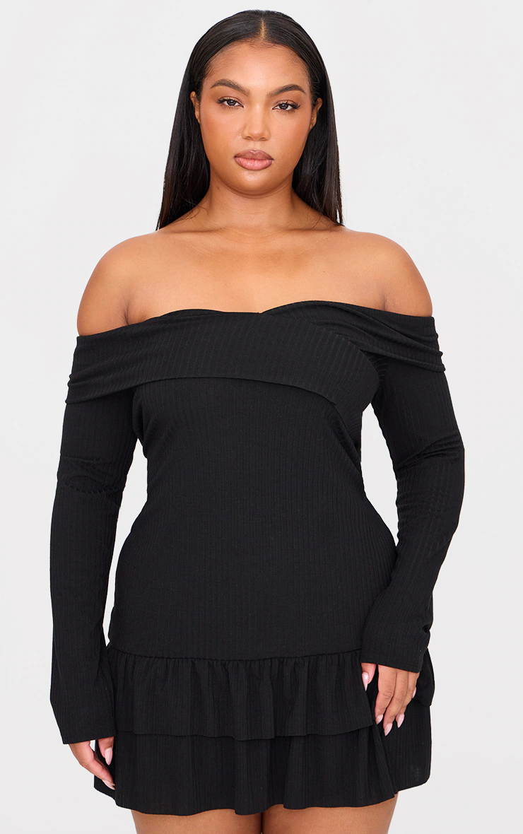 Plus Black Ribbed Bardot Cross Over Bust Detail Shift Dress