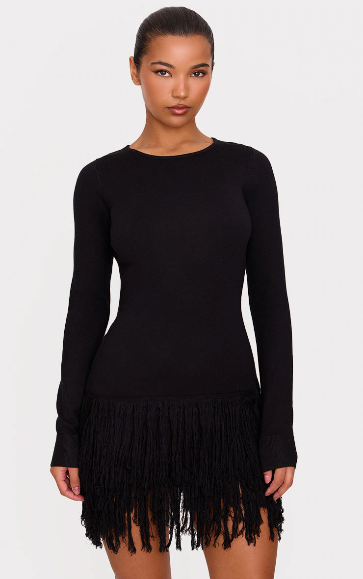Black Fine Knit Fringe Hem Long Sleeve Micro Mini Dress