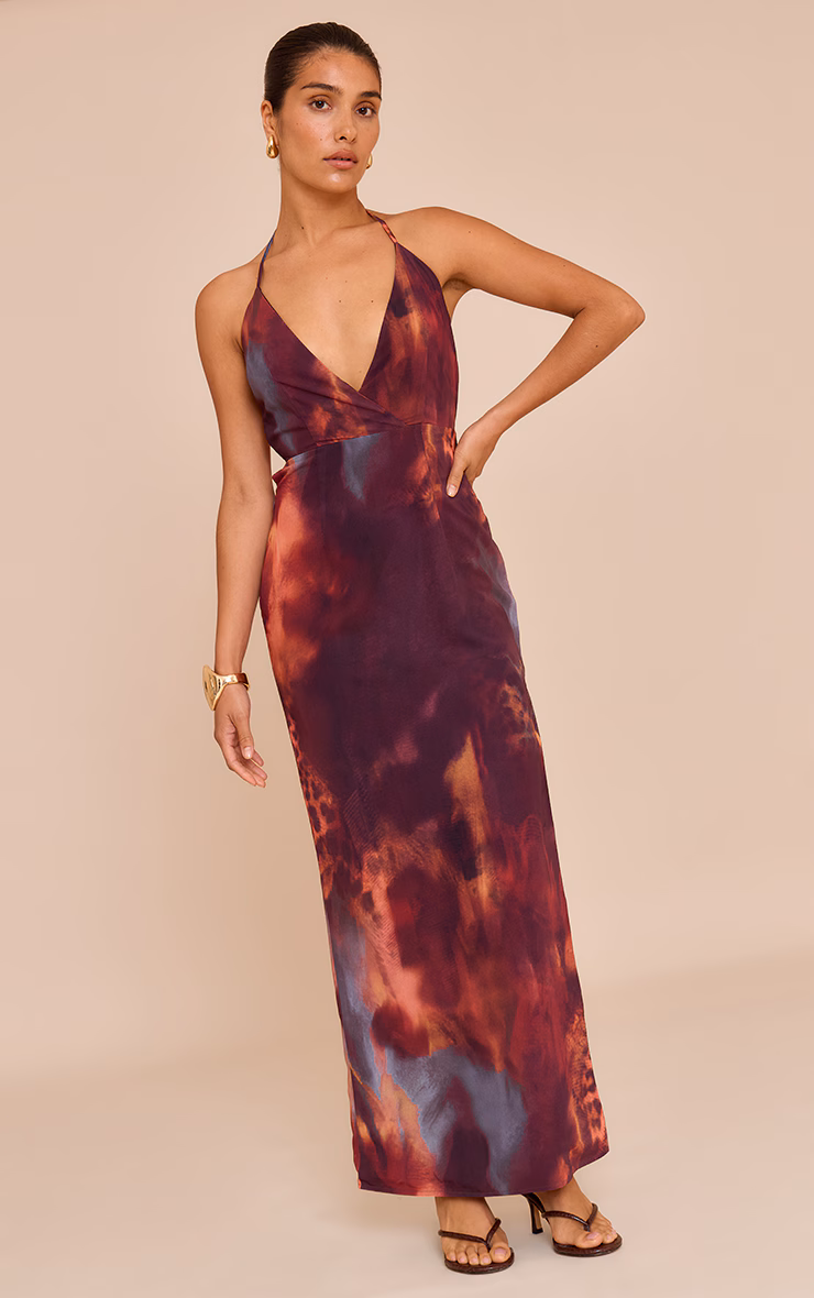Petite Rust Printed Halterneck Open Back Maxi Dress