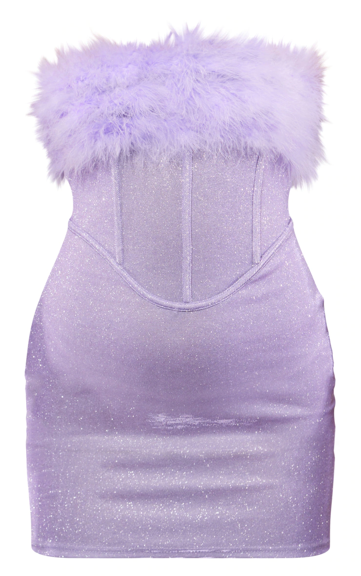 Lilac Glitter Corset Feather Bandeau Bodycon Dress