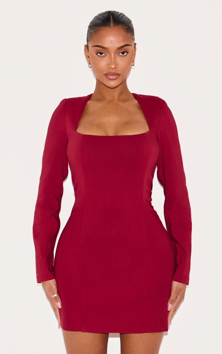 Shape Berry Stretch Woven Square Neck Long Sleeve Ruched Waist Mini Dress