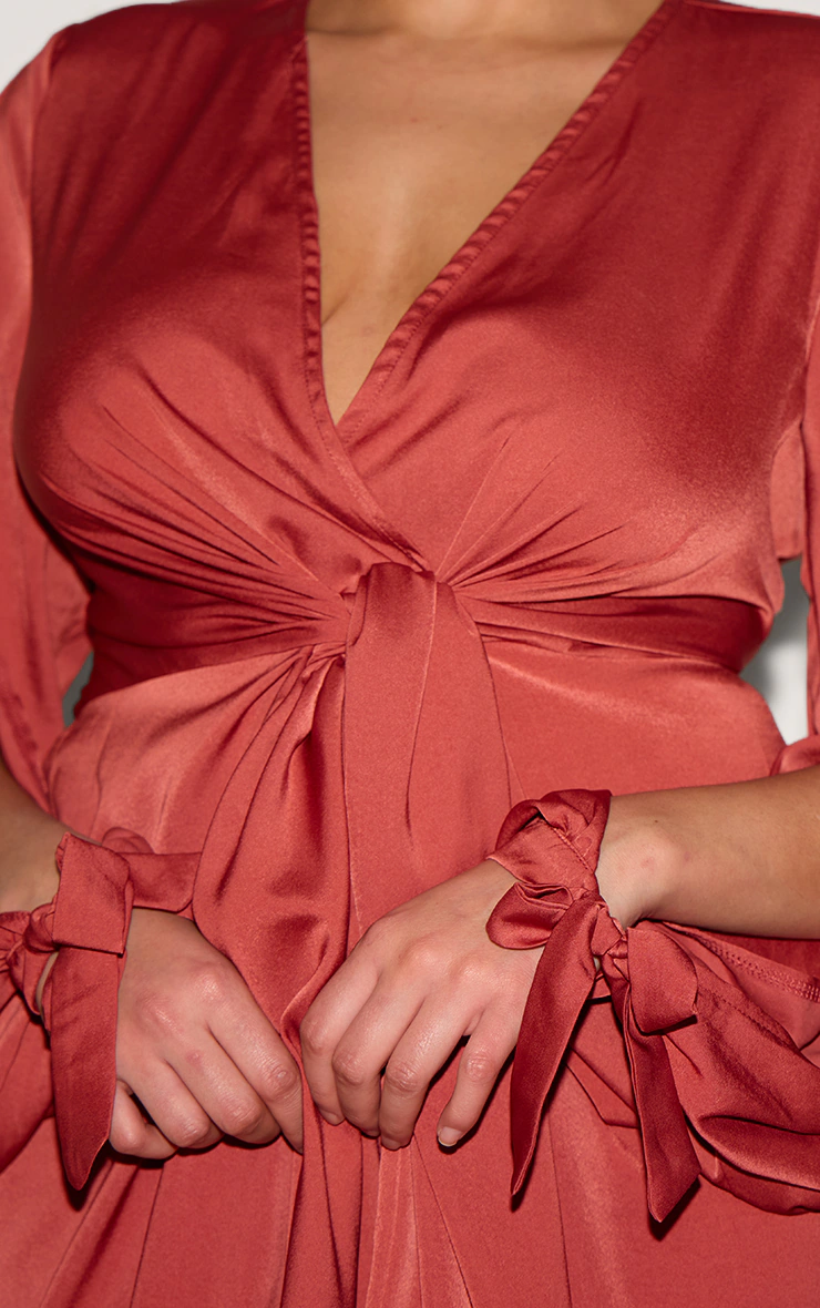 Plus Rust Plunge Neck Satin Twist Front Open Sleeve Wrap Dress