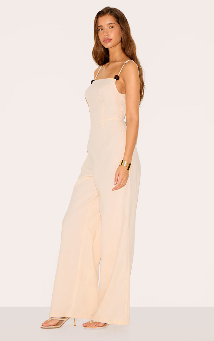Natural Linen Blend Straight Neck Bead Detail Jumpsuit
