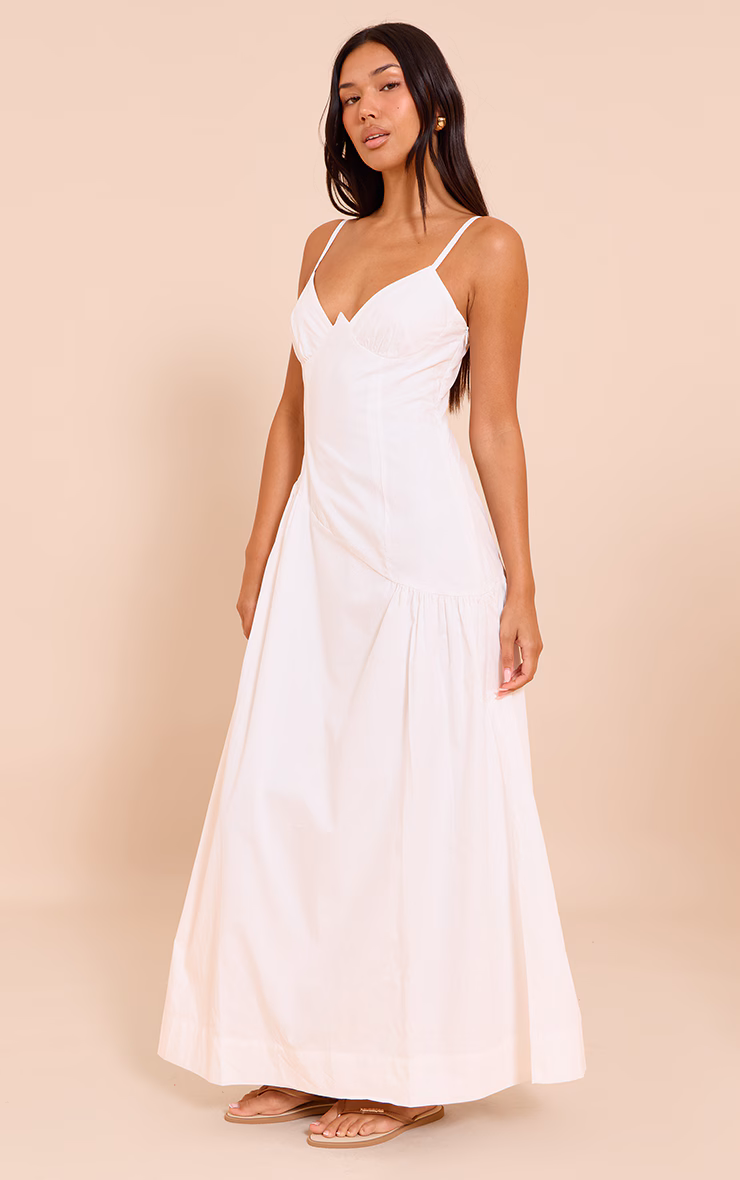 White Plunge Asymmetric Detail Maxi Dress