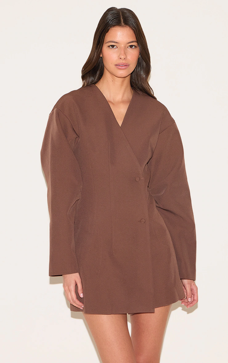 Tan Woven Balloon Sleeve Blazer Dress