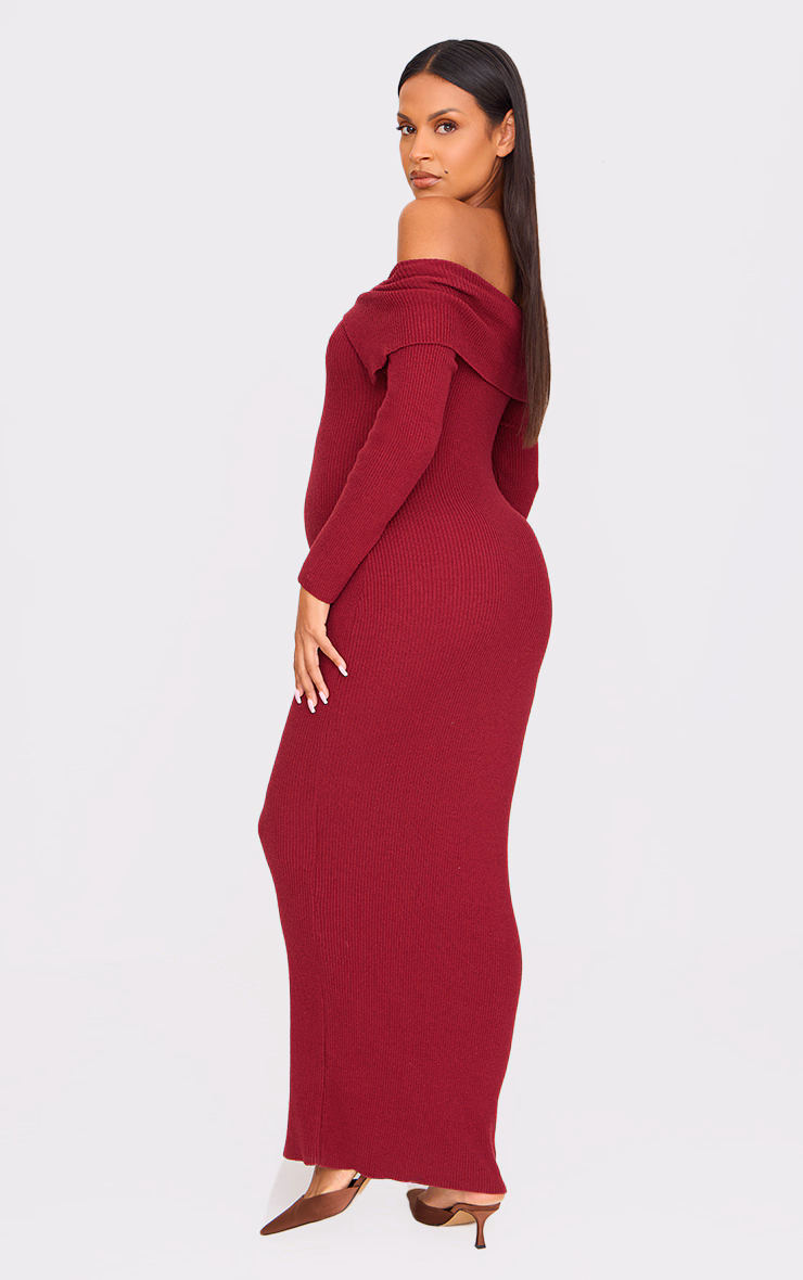 Maternity Burgundy Off The Shoulder Rib Knitted Maxi Dress