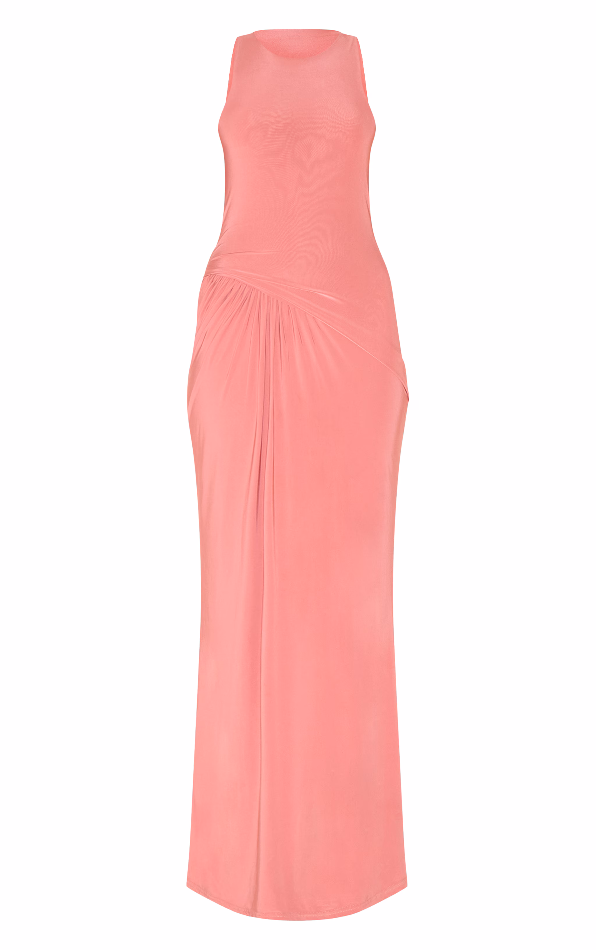 Blush Rose Double Layer Slinky Drop Waist Ruched Maxi Dress