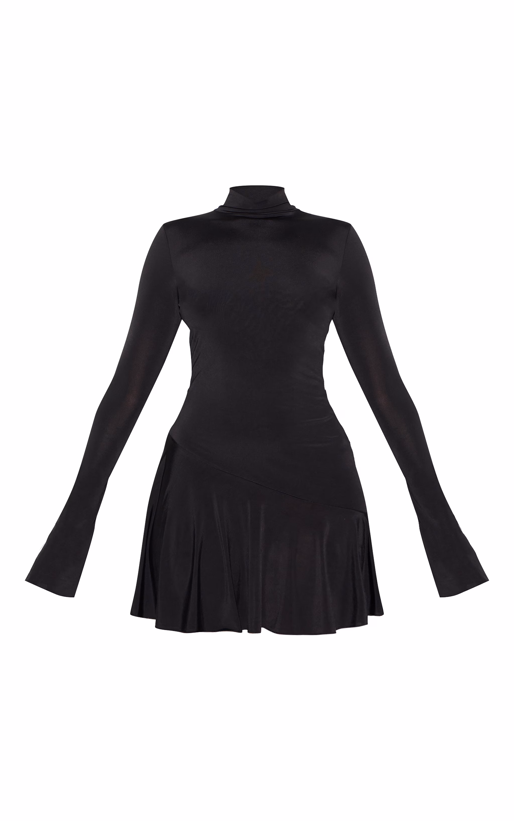 Black Slinky Long Sleeve Asymmetric Hem Shift Dress
