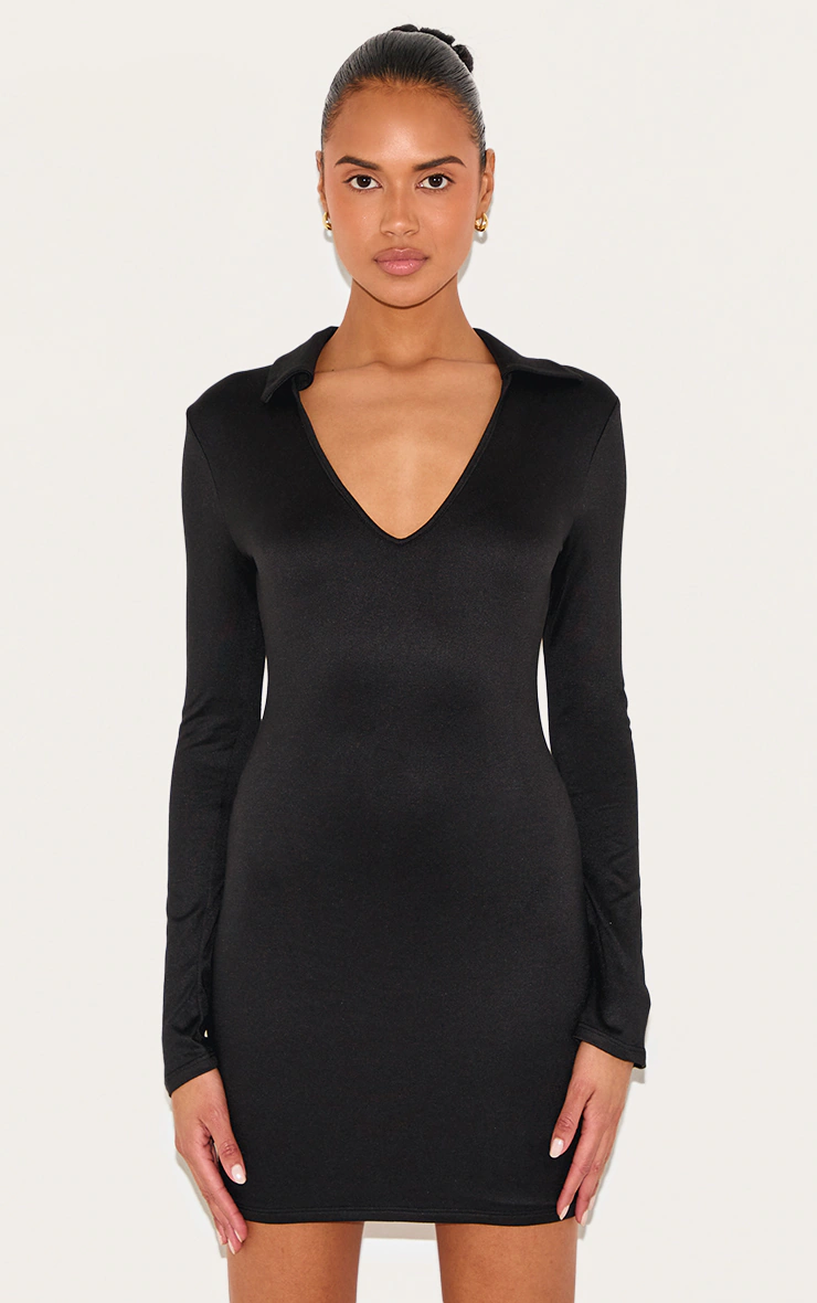 Black Double Contour Collar Detail Long Sleeve Bodycon Dress