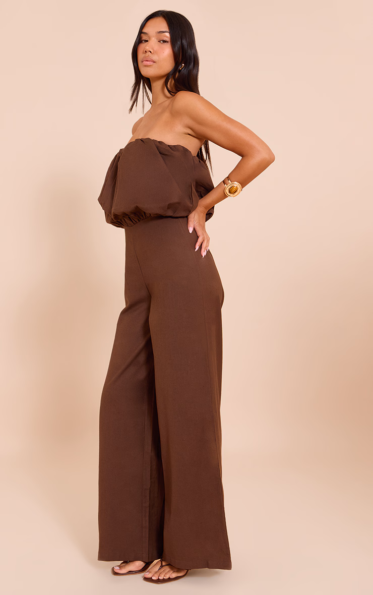 Dark Chocolate Cotton Puffball Bandeau Straight Leg Jumpsuit