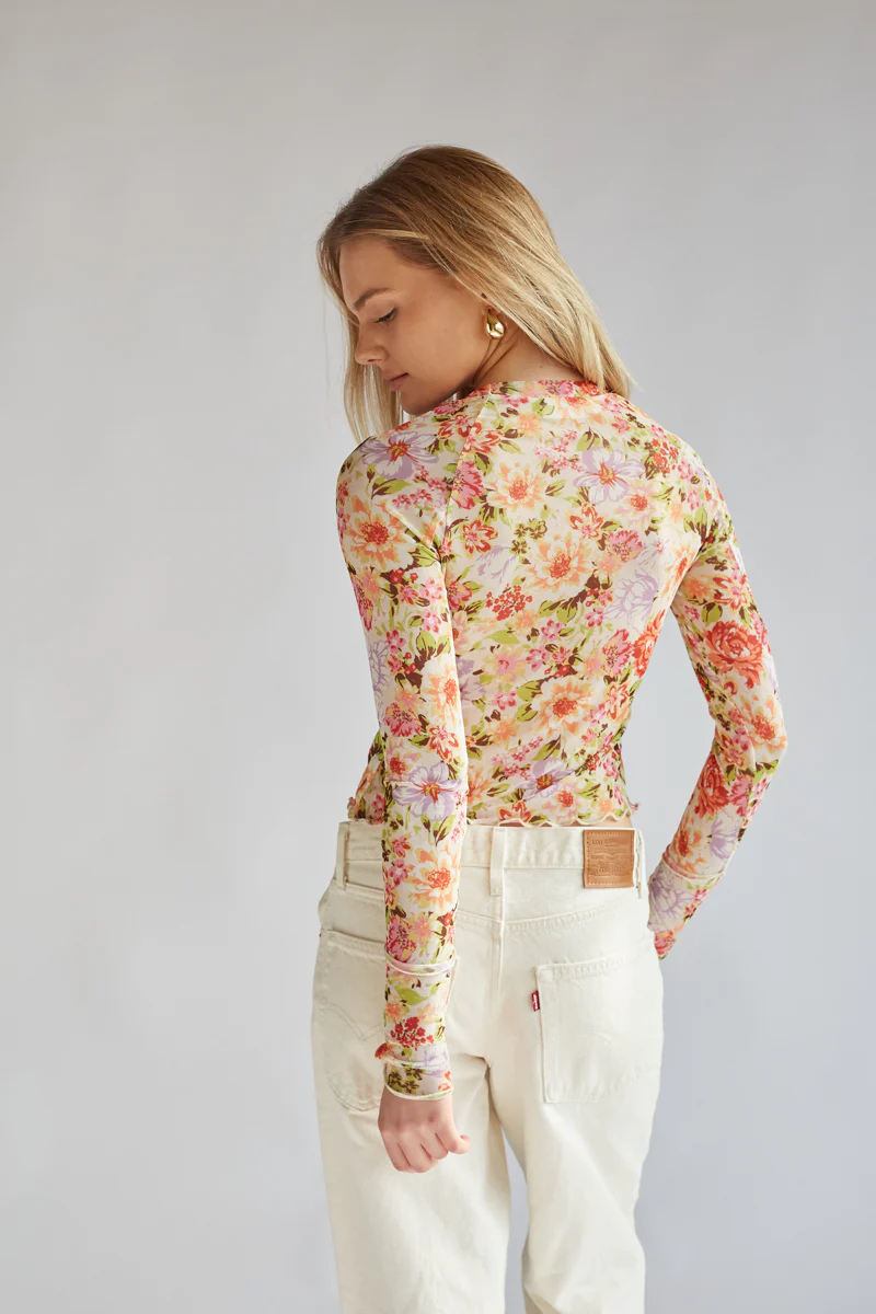 Summer Floral Mesh Long Sleeve Top