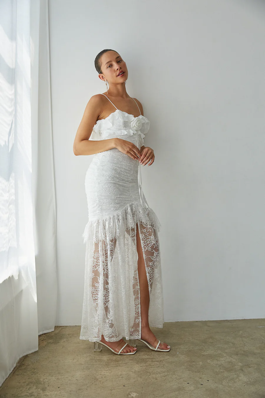 Aphrodite Lace Ruched Rosette Maxi Dress