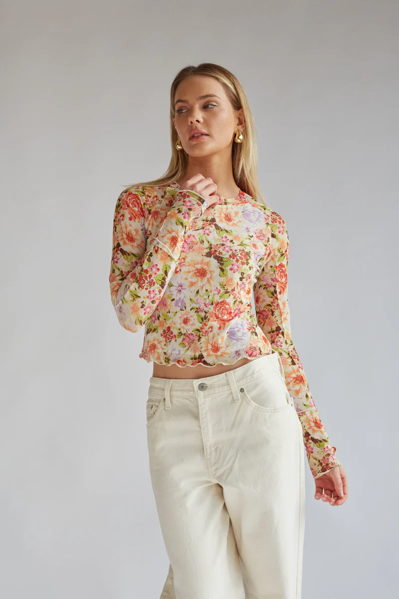Summer Floral Mesh Long Sleeve Top