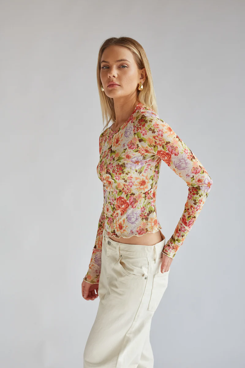 Summer Floral Mesh Long Sleeve Top