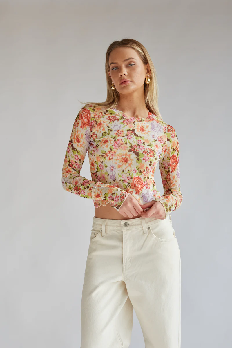 Summer Floral Mesh Long Sleeve Top