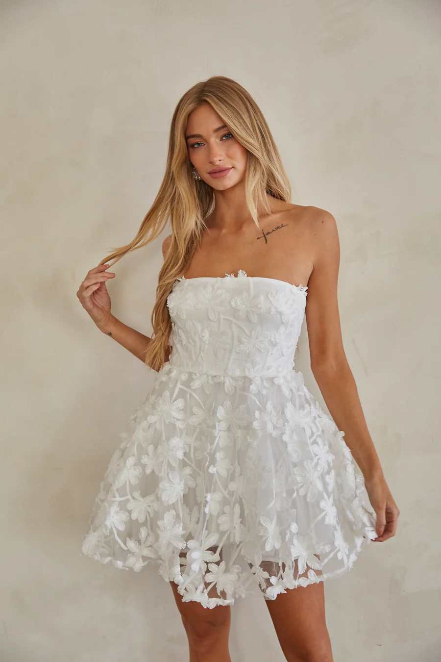 Evangeline Strapless Floral Applique Babydoll Dress