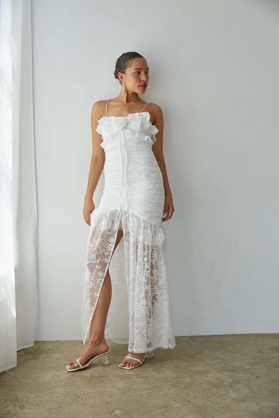 Aphrodite Lace Ruched Rosette Maxi Dress