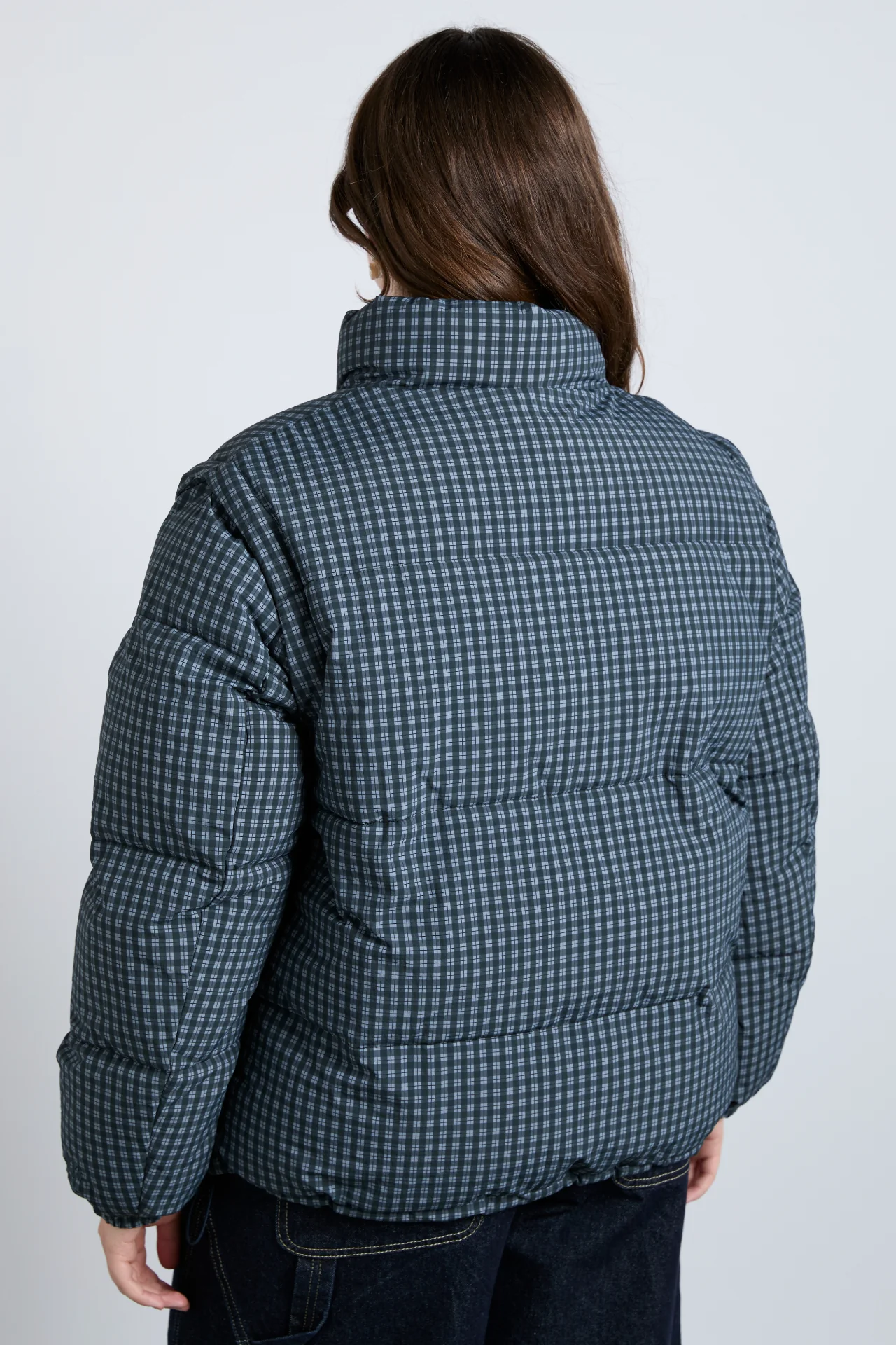pre-order pearl check puffer - navy gingham