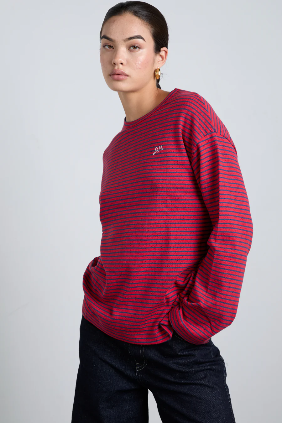 red and navy  stripe long sleeve top