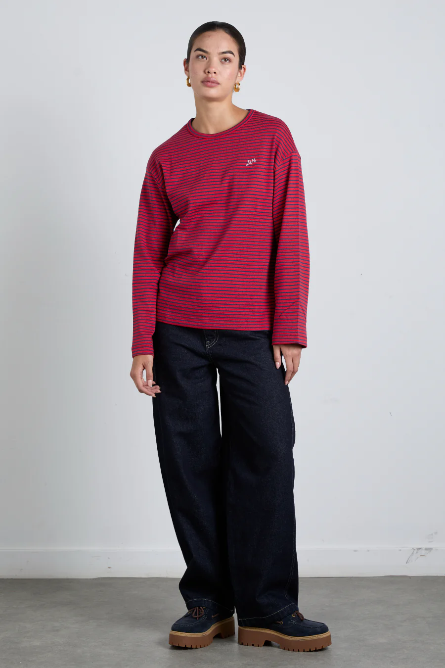 red and navy  stripe long sleeve top