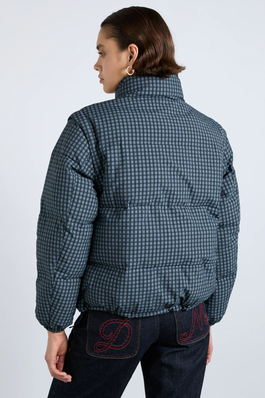 pre-order pearl check puffer - navy gingham