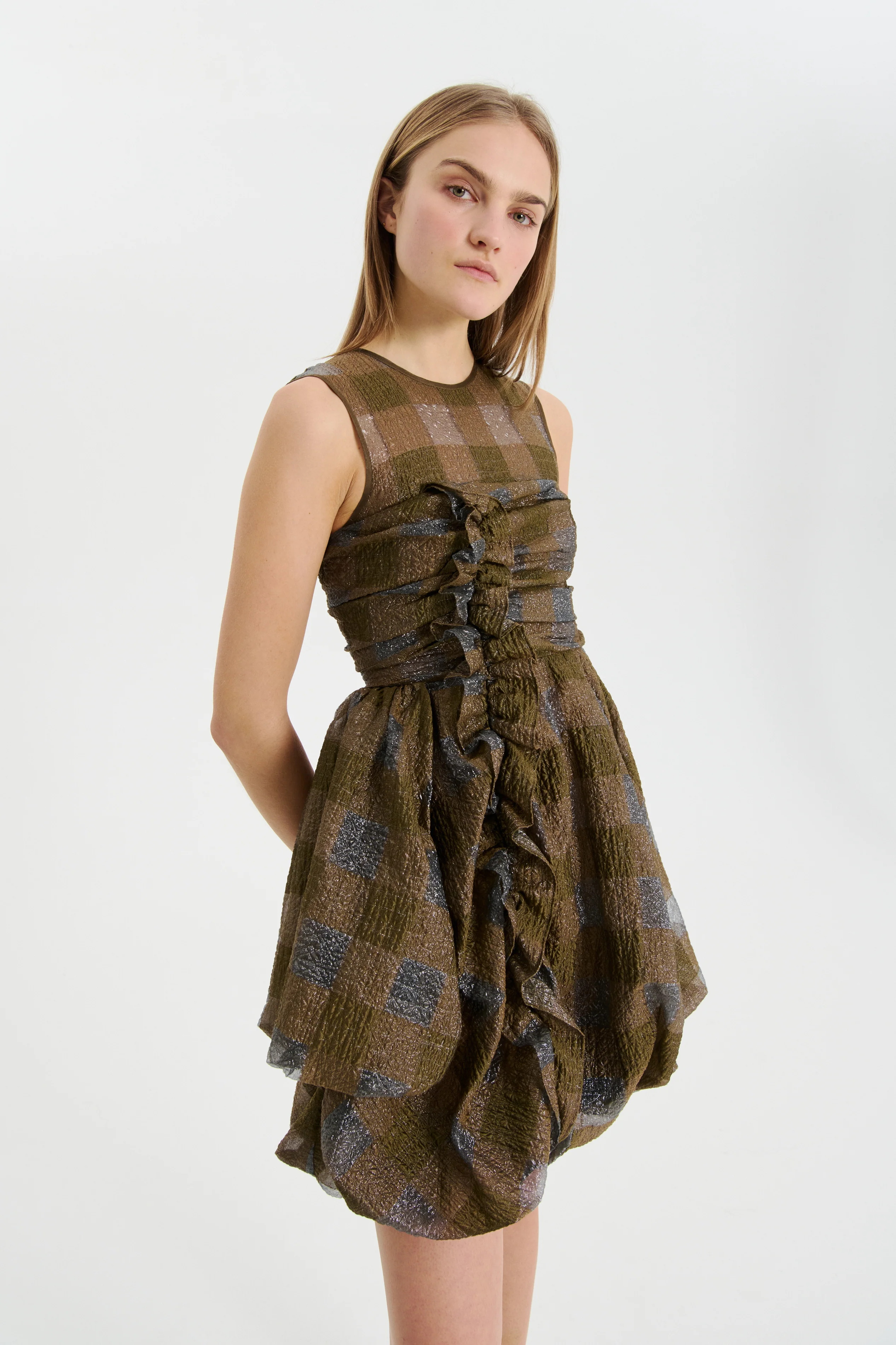 OLIVIA | DRESS GINGHAM JACQUARD BROWN