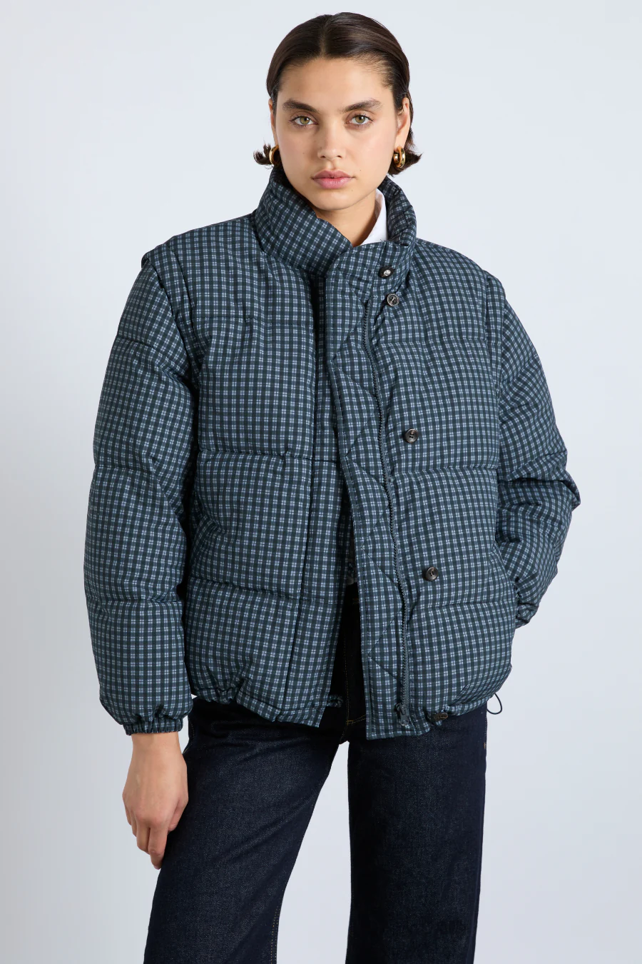 pre-order pearl check puffer - navy gingham
