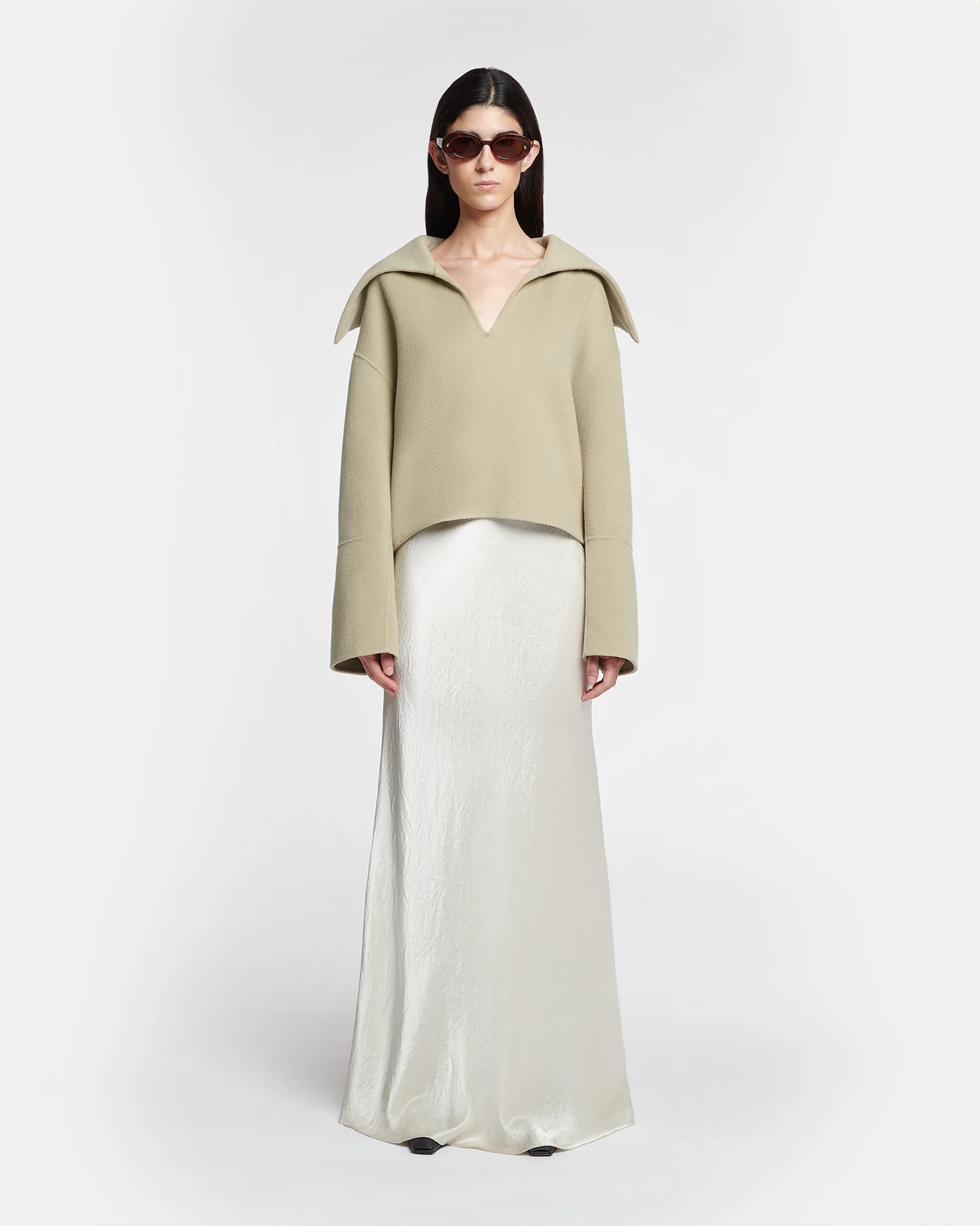 Fea - Crinkled-Satin Long Skirt - Ecru