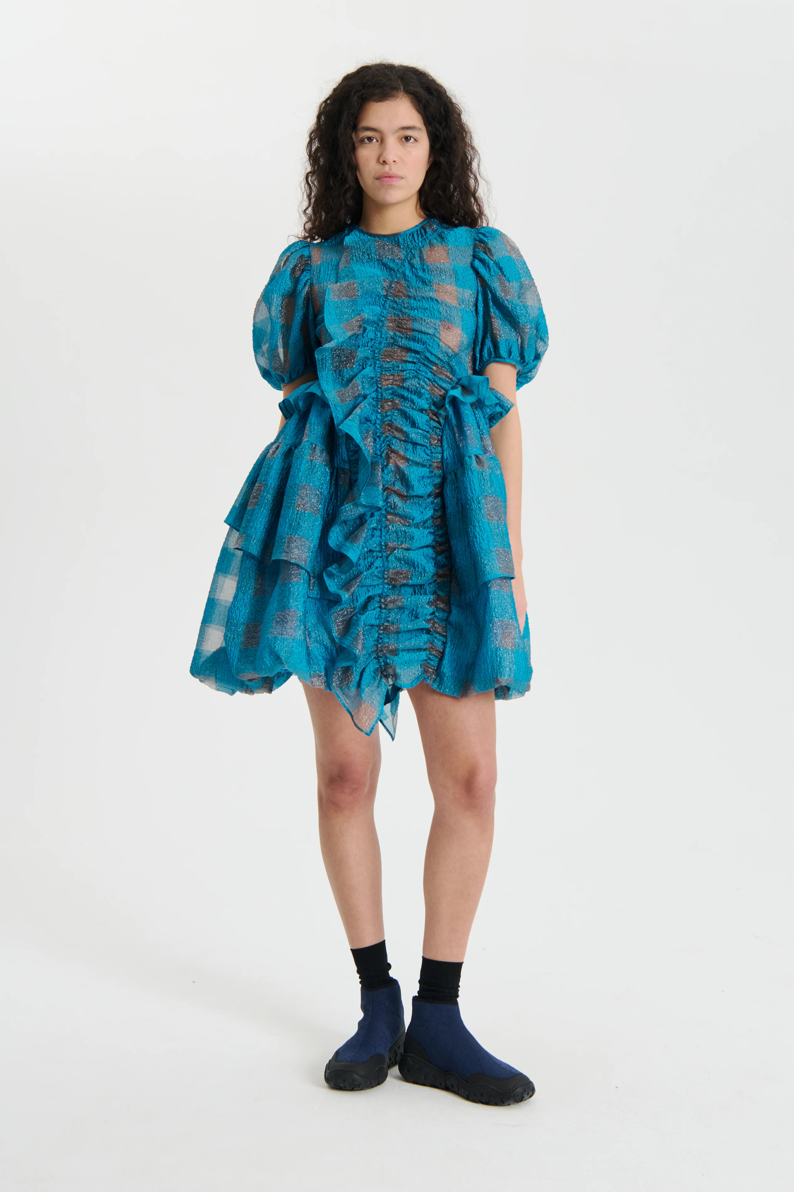 OLENA | DRESS GINGHAM JACQUARD TURQUOISE