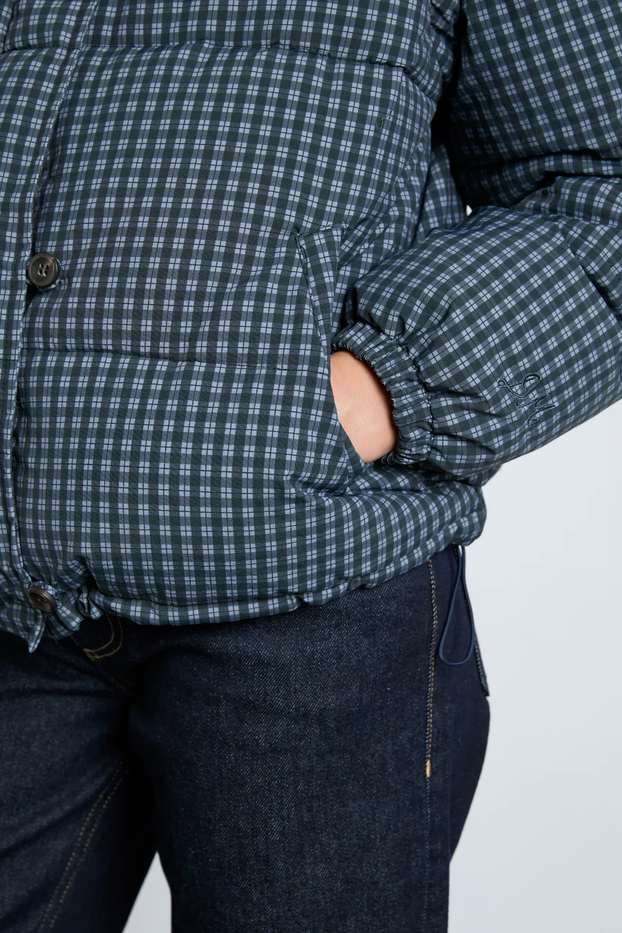 pre-order pearl check puffer - navy gingham