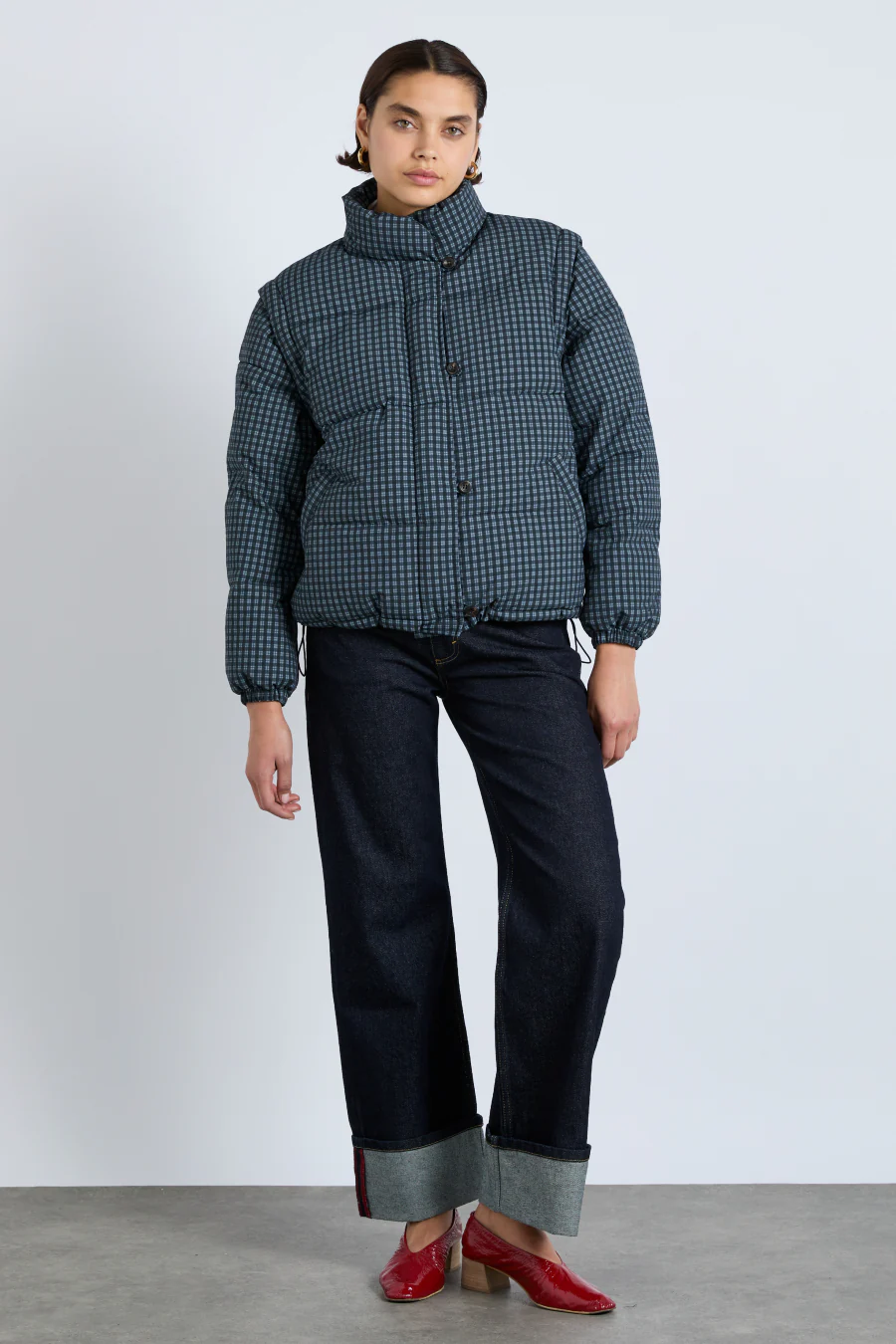 pre-order pearl check puffer - navy gingham