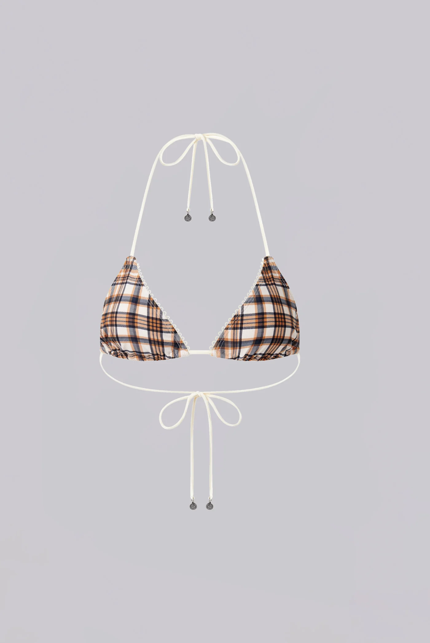 Brown Checked In Triangle Bikini Top