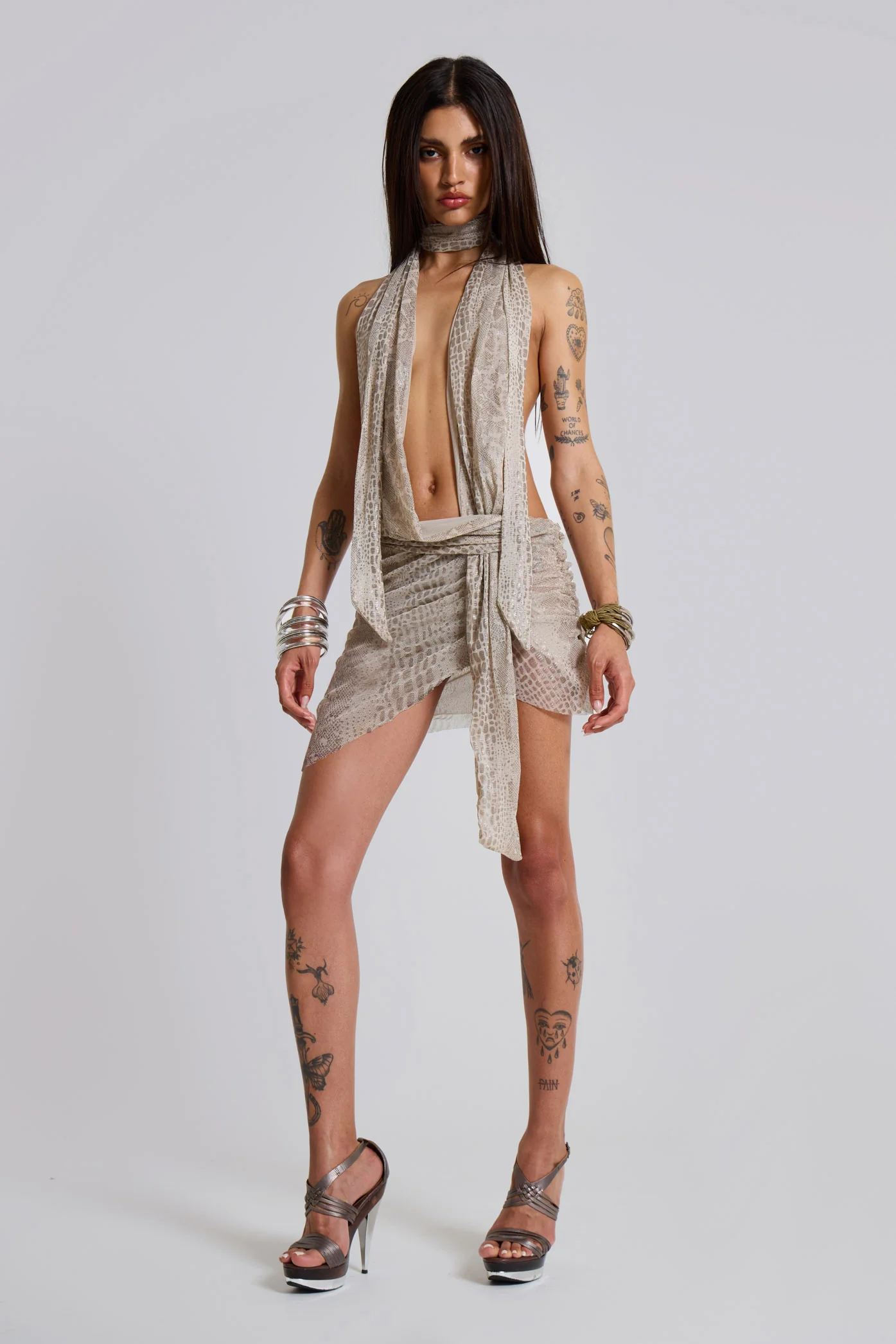 Spyro Snakeskin Plunge Mini Dress