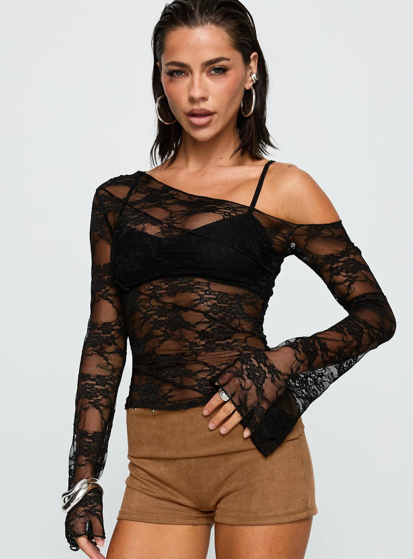 How Ironic One Shoulder Lace Top Black