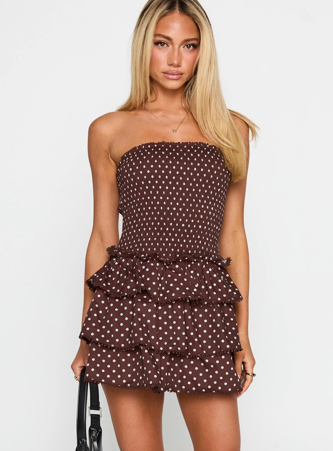 Sunkiss Frill Mini Dress Brown Polka
