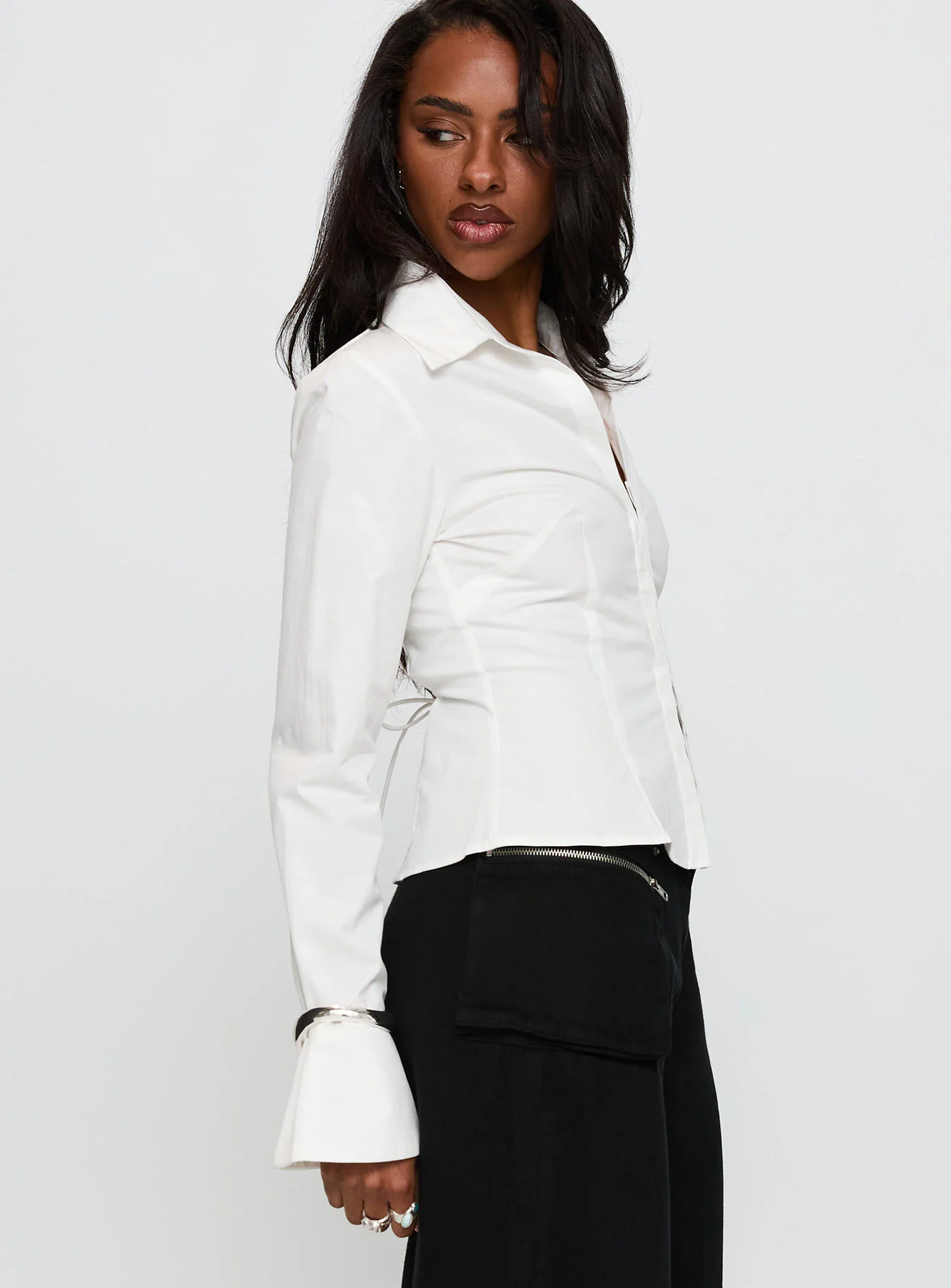 By The Phone Long Sleeve Collared Top White