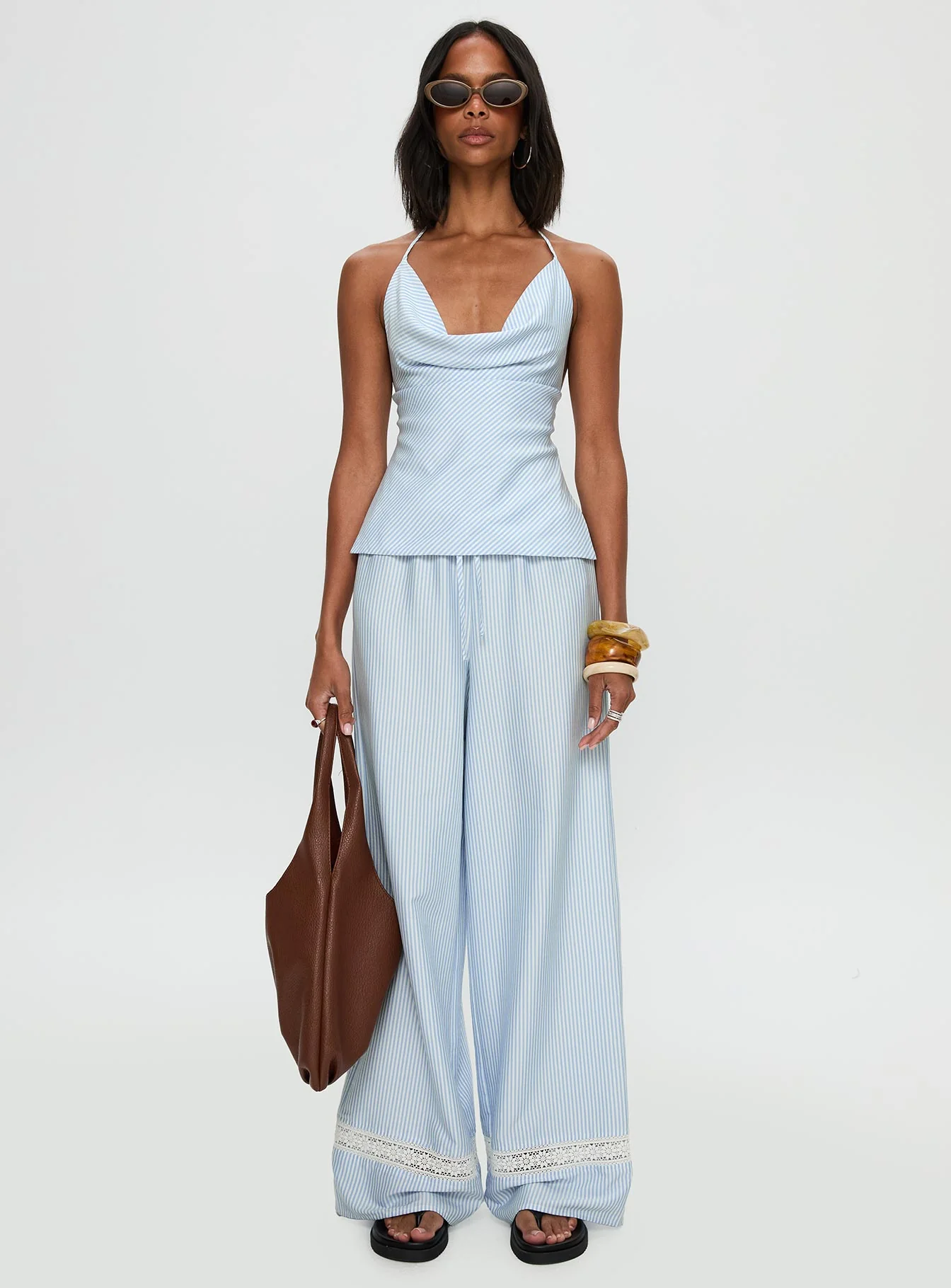 Summer Too Hot Cowl Neck Top Blue Stripe