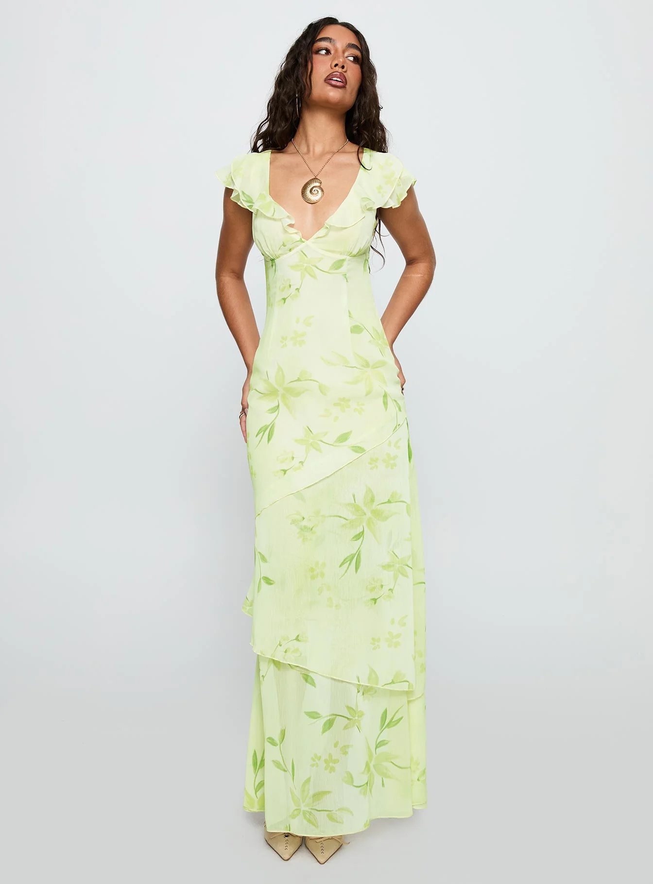 Been Away Frill Maxi Dress Green Multi