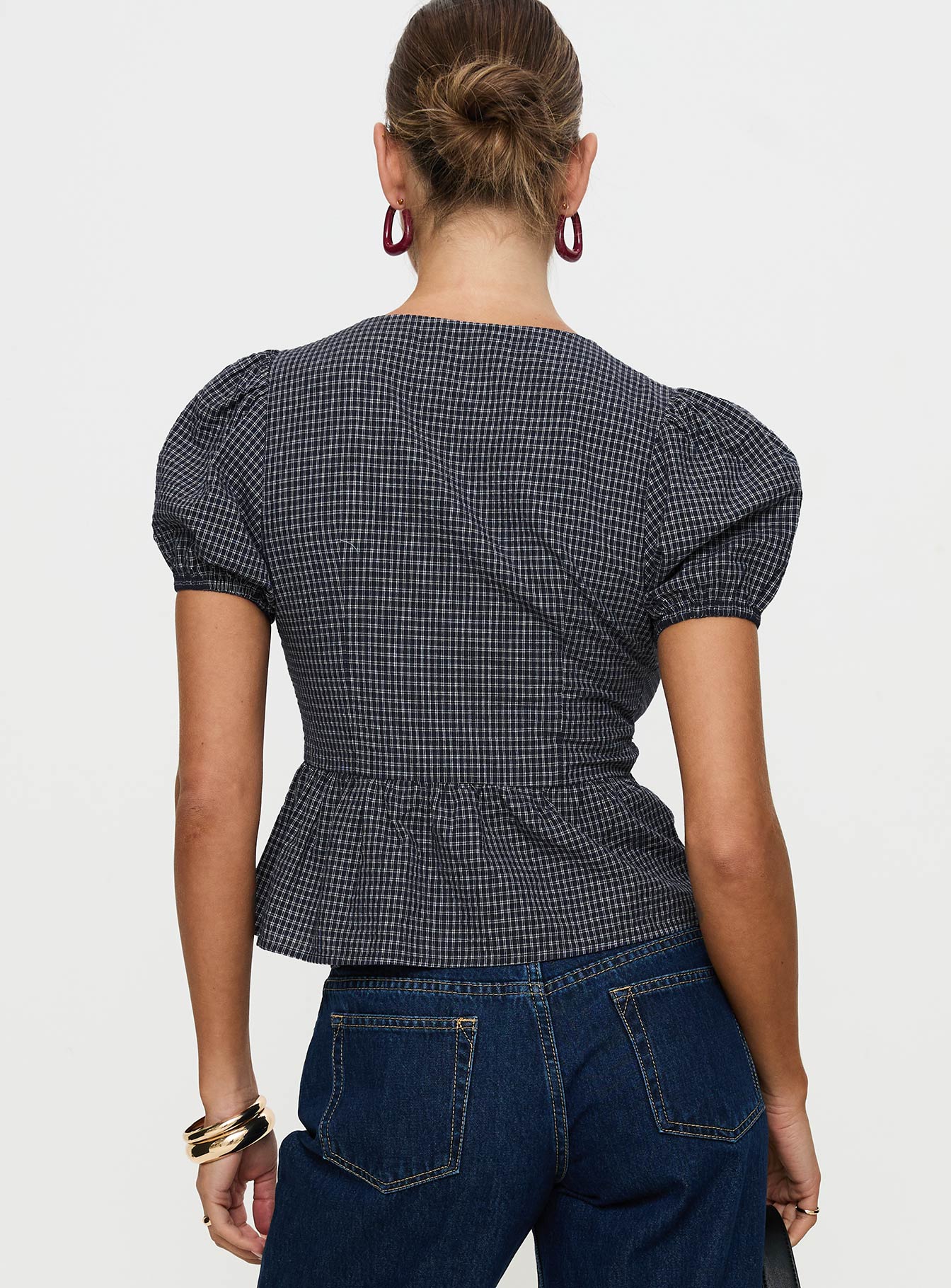 Verah Tie Up Puff Sleeve Top Navy Check