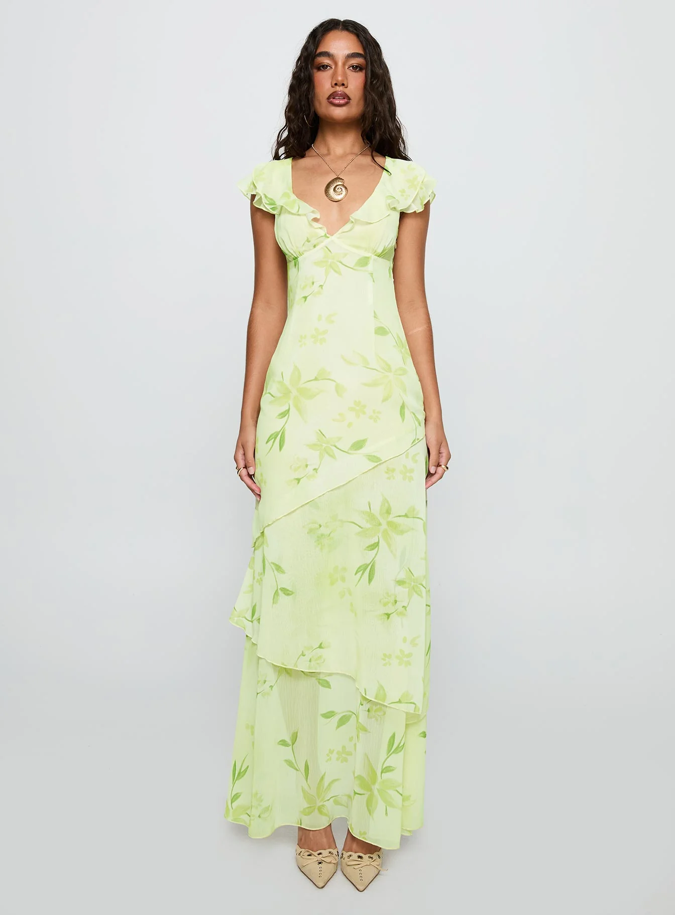 Been Away Frill Maxi Dress Green Multi