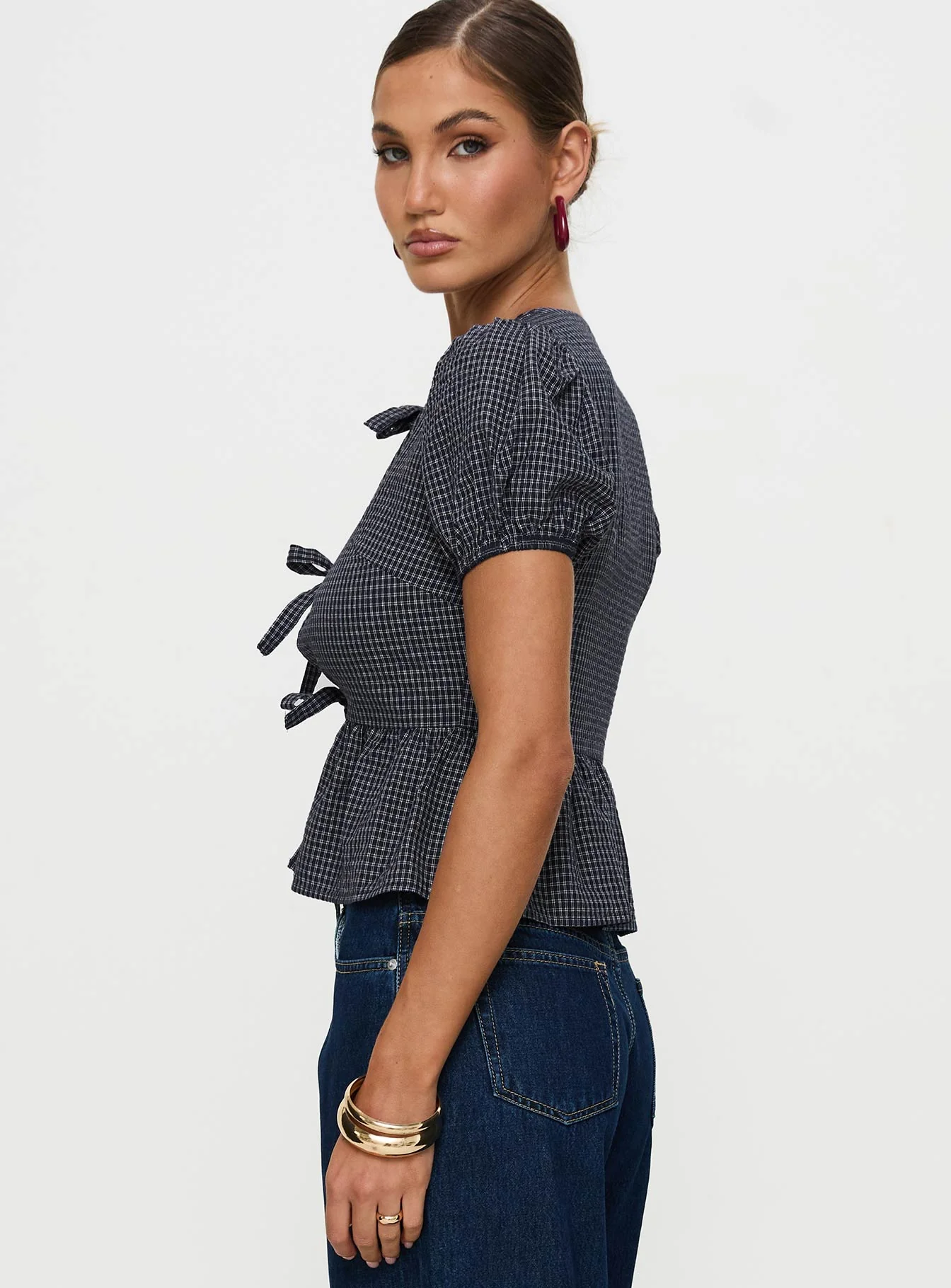 Verah Tie Up Puff Sleeve Top Navy Check