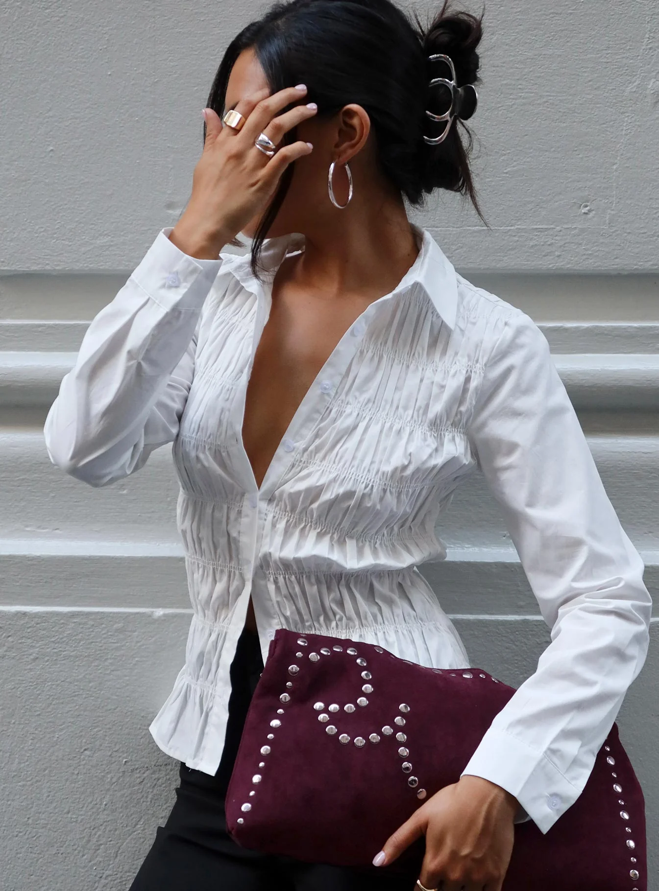 Cultivate Shirred Long Sleeve Top White