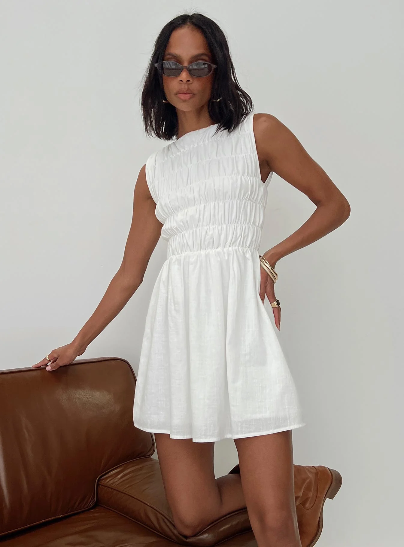 Melona Shirred Mini Dress White